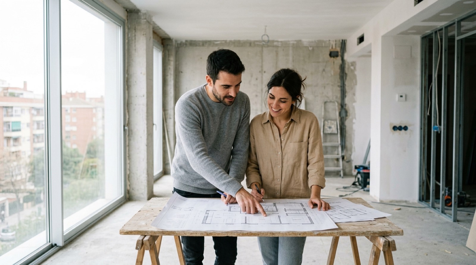 Pareja revisando los planos de su futura vivienda en cooperativa