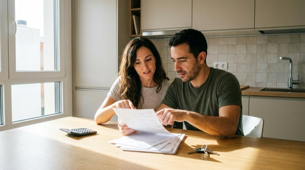 Pareja revisando documentos de la hipoteca en la mesa de la cocina, con las llaves de casa sobre la mesa
