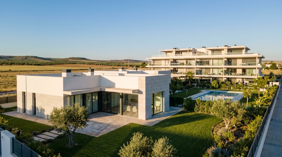 Casa unifamiliar de una planta con jardín y, al fondo, un edificio de pisos con terrazas y piscina comunitaria