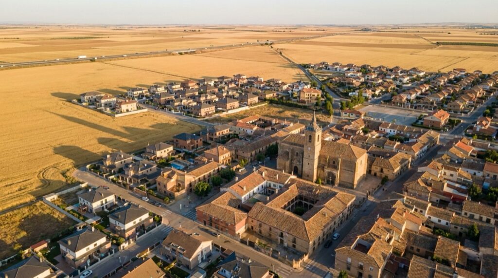 Vista aérea de un pueblo de La Sagra con su iglesia, barrios nuevos y campos de cereal alrededor