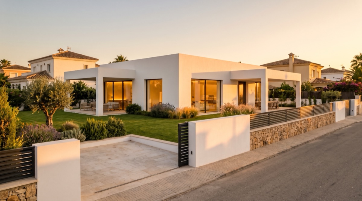 Casa unifamiliar de una planta con porche y jardín