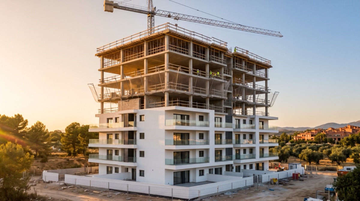 Edificio de viviendas en construcción por fases, con las plantas inferiores terminadas y las superiores en estructura