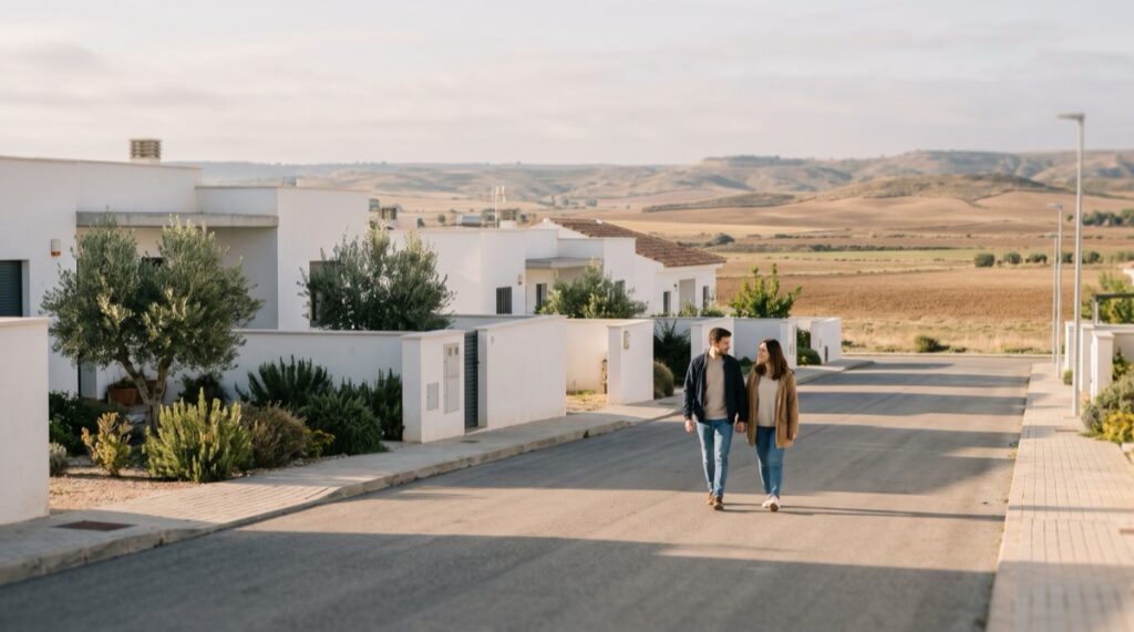 Pareja paseando por una calle de un barrio de obra nueva, con viviendas blancas de una planta y campos al fondo