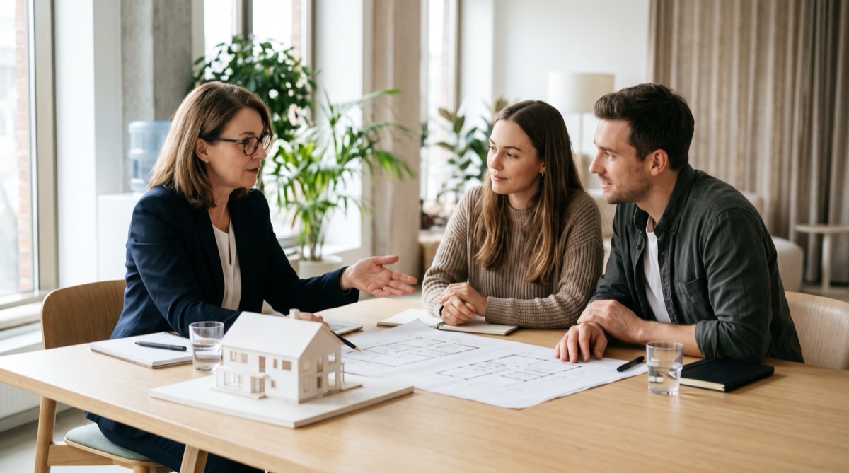 Pareja y gestora de cooperativa revisando planos y una maqueta de vivienda sobre una mesa