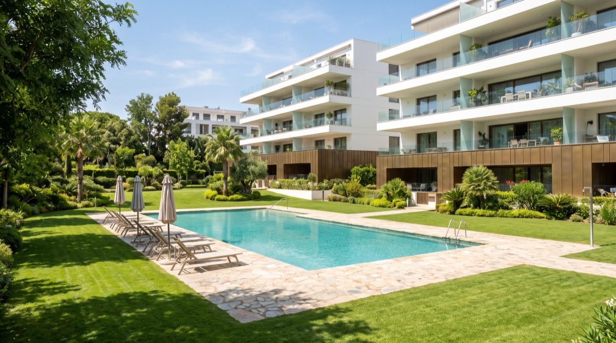 Piscina comunitaria rodeada de jardines y bloques de viviendas con terrazas