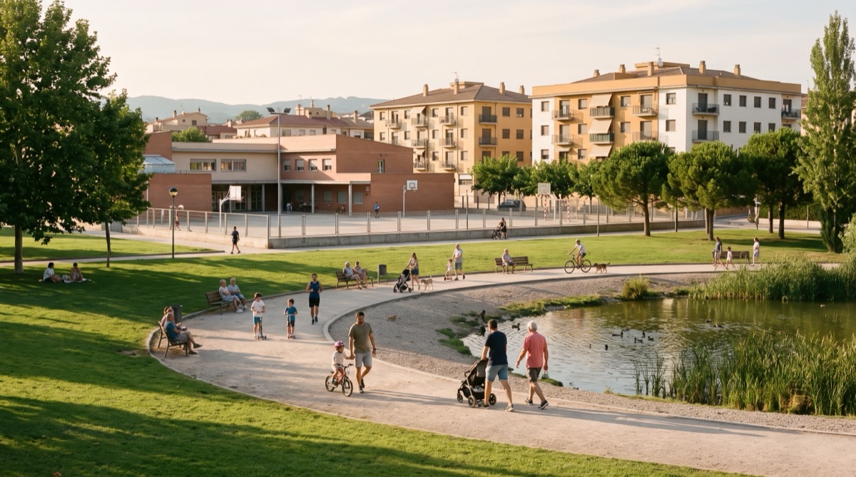 Familias paseando junto a un lago en un parque de un pueblo, con colegio y edificios de viviendas al fondo